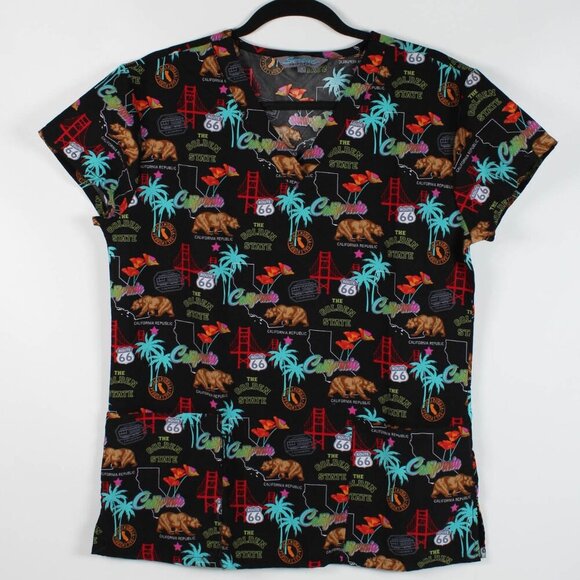 California Bear & Route 66 Print Scrub Top - Size Small - Picture 1 of 8
